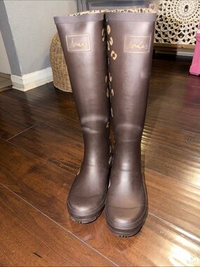 Joules Brown Rain Boots with Leopard Accent